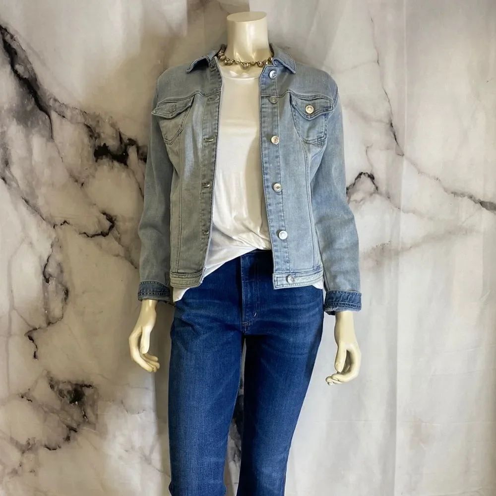 * Blue denim Chicos jacket with fun crochet back detail *